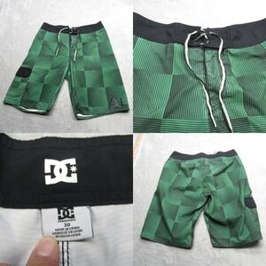 DC Swim Shorts Mens 30 Green Check‎ Cargo Pocket Lace Up Trunks Surf Board Beach